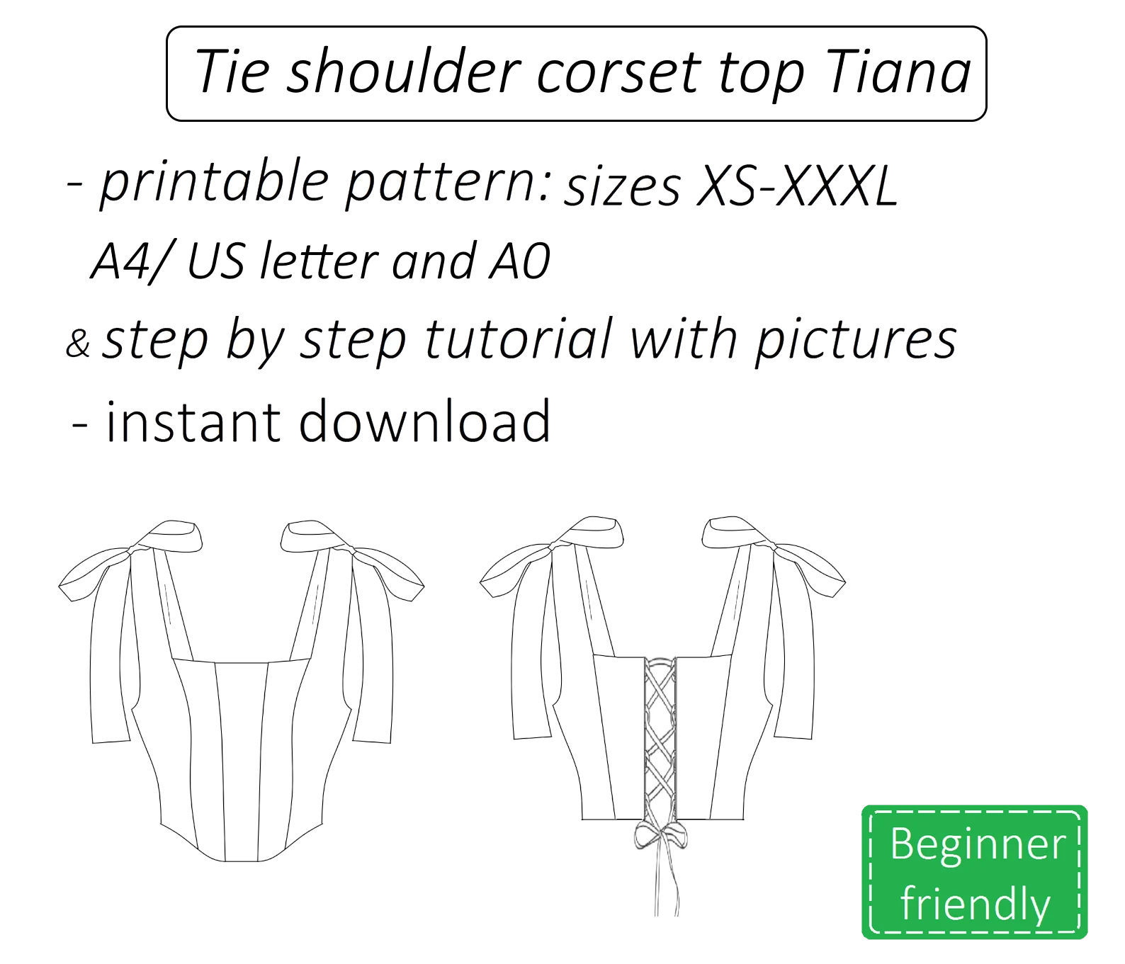Tiana tie shoulder corset top sewing pattern | Instant PDF download