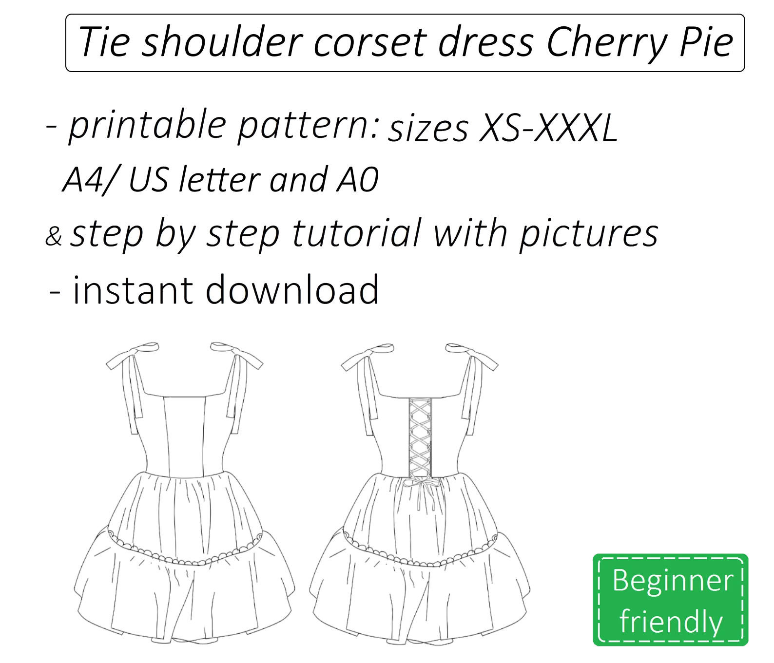 Cherry pie shoulder tie corset dress sewing pattern | Instant PDF download