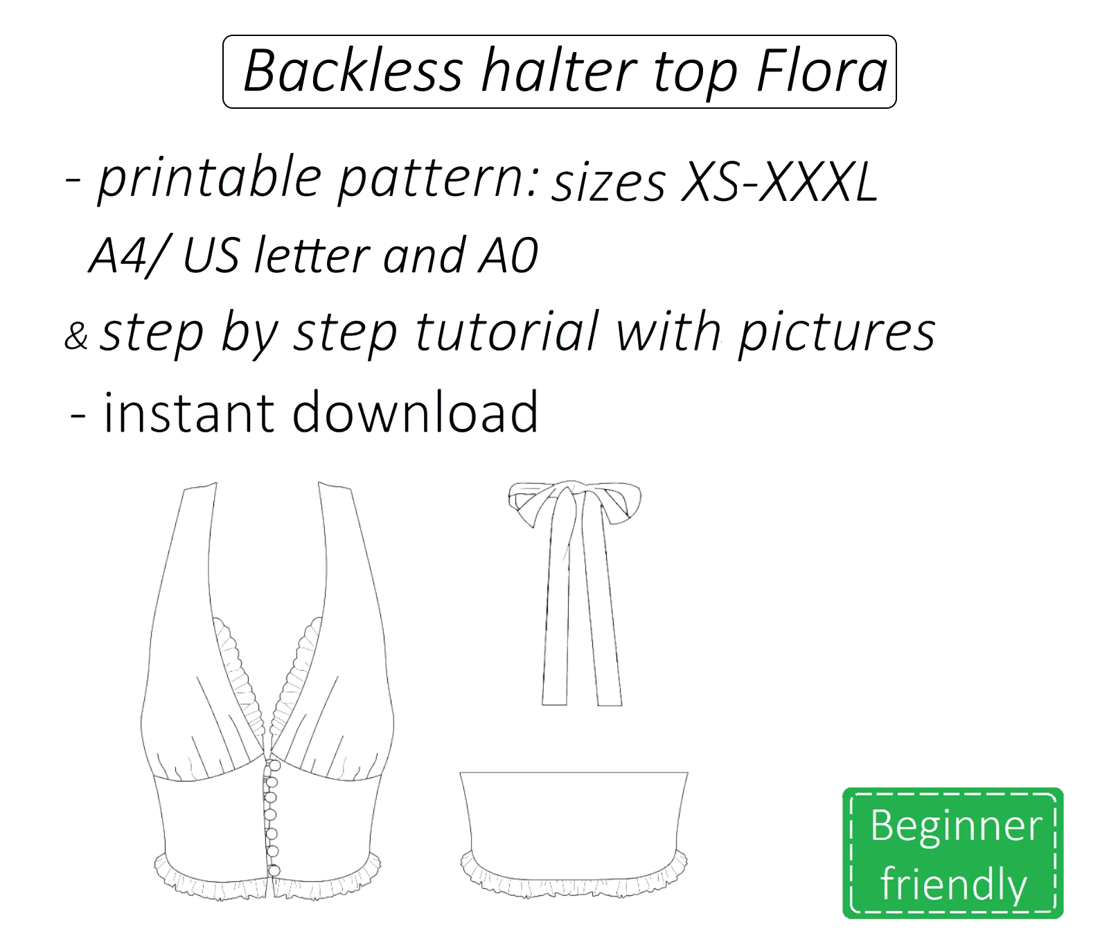 Flora backless halter neck top sewing pattern | Instant PDF download