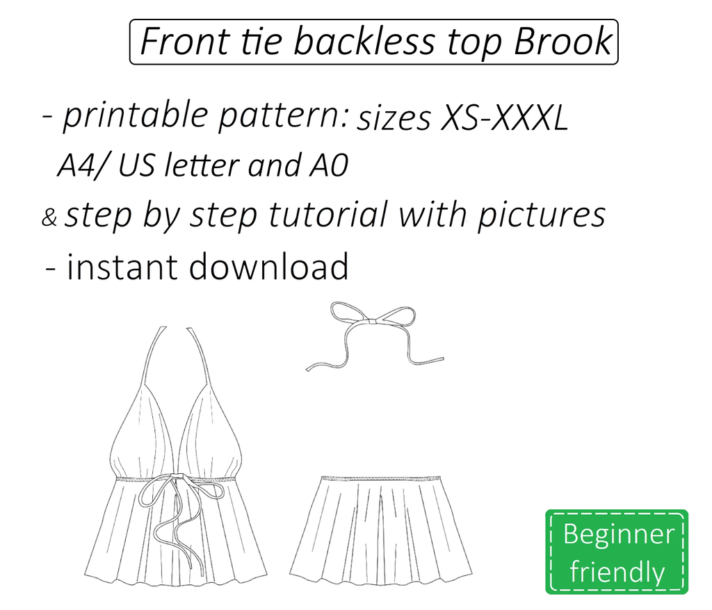 Brook front tie backless top sewing pattern | Instant PDF download