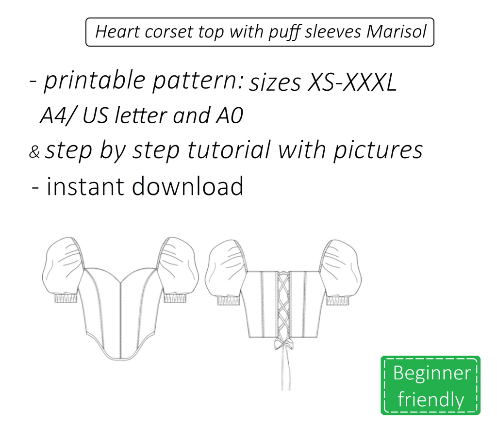Marisol heart corset top with puff sleeves sewing pattern | Instant PDF download