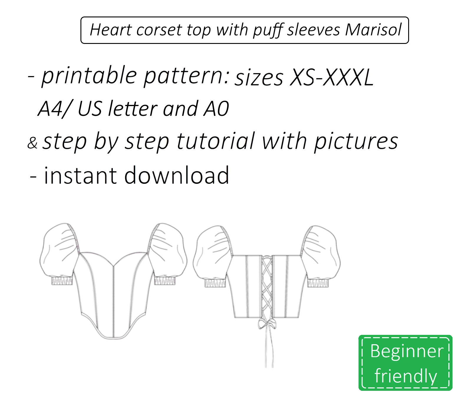 Marisol heart corset top with puff sleeves sewing pattern | Instant PDF download