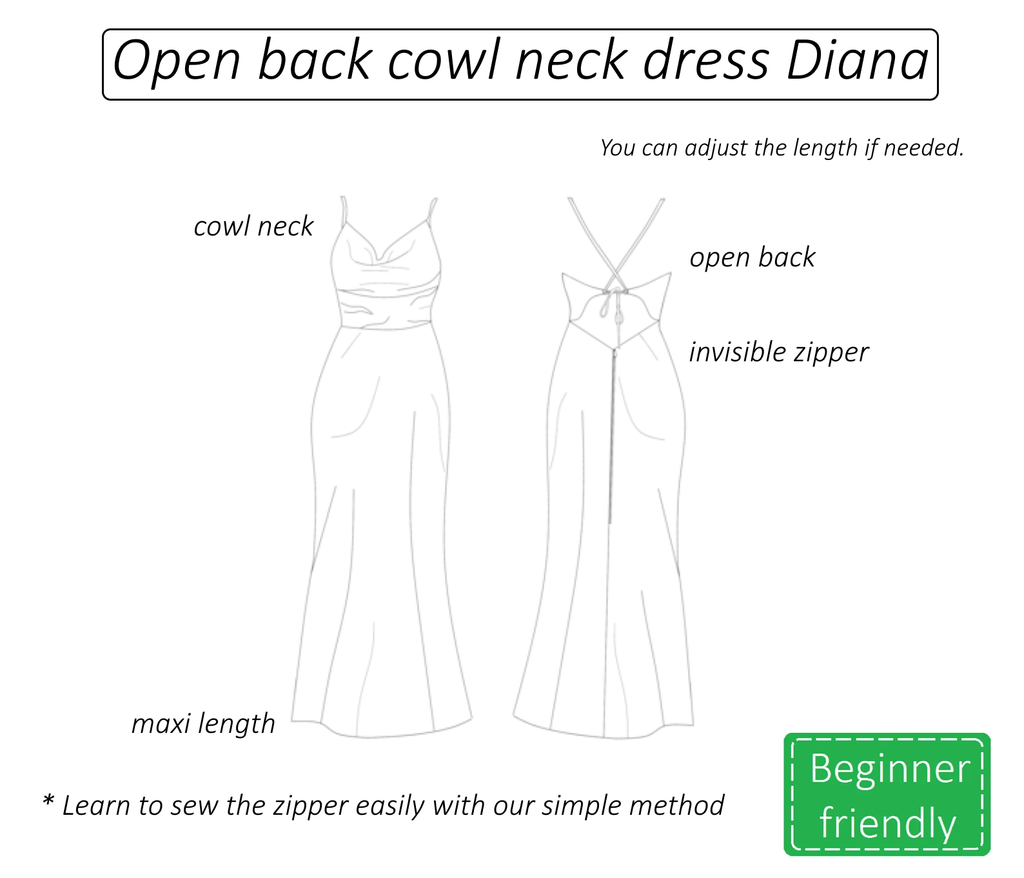 Diana open back cowl neck maxi dress sewing pattern | Instant PDF download